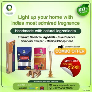 Orgoveda Premium Sambrani Agarbatti, Pure Essence Sambrani Powder & Matipal Dhoop Cone Combo